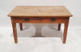 Vintage pine two-drawer table on square section tapering supports, 75cm x 133cm x 72cm