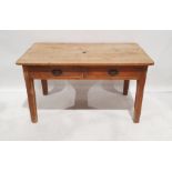 Vintage pine two-drawer table on square section tapering supports, 75cm x 133cm x 72cm