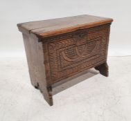 Unusual possibly 18th century or earlier small coffer with rectangular top, carved front panel,