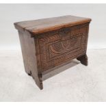 Unusual possibly 18th century or earlier small coffer with rectangular top, carved front panel,