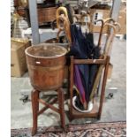 Oak umbrella stickstand with quantity of umbrellas and sticks (68 cm H) and an oak and copper-