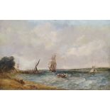 A Vickers Senior (1786 - 1868) Oil on canvas Estuary scene with sailing vessels, figures rowing in
