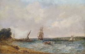 A Vickers Senior (1786 - 1868) Oil on canvas Estuary scene with sailing vessels, figures rowing in