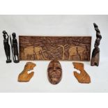 African-style carved wood figures (36.5 cm), mask and panel (7)