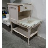 White painted bedside table with single drawer, shelves and undertier, on cabriole legs, 72cm high x