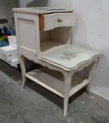 White painted bedside table with single drawer, shelves and undertier, on cabriole legs, 72cm high x