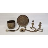 Eastern-style jardiniere (16 x 18 cm) and other metalwares to include mask and candlesticks