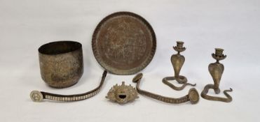 Eastern-style jardiniere (16 x 18 cm) and other metalwares to include mask and candlesticks