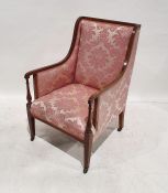 19th century mahogany and satinwood strung armchair, on square section tapering supports to castors