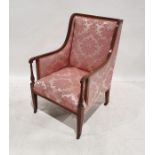 19th century mahogany and satinwood strung armchair, on square section tapering supports to castors