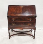 20th century walnut two-drawer bureau on barleytwist supports, stretchered base, 97cm x 76cm x 40cm