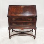 20th century walnut two-drawer bureau on barleytwist supports, stretchered base, 97cm x 76cm x 40cm