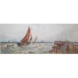 Thomas Bush Hardy (1842-1897) Watercolour Sailing boat in choppy seas by pier, named 'Calais
