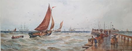 Thomas Bush Hardy (1842-1897) Watercolour Sailing boat in choppy seas by pier, named 'Calais