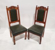 Six similar late 19th/early 20th century dining chairs with green leather upholstered seat and back,