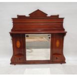 Victorian mahogany overmantel mirror in mahogany frame with shelves, 115cm x 122cm