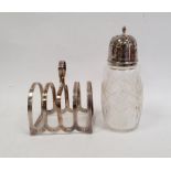 Silver four-section toastrack and glass sugar caster with pierced silver lid (2)