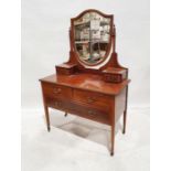 Edwardian mahogany and satinwood banded dressing table with shield-shaped mirrored superstructure