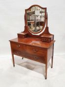 Edwardian mahogany and satinwood banded dressing table with shield-shaped mirrored superstructure