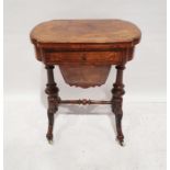 Early Victorian walnut gaming/work table, the lozenge-shaped top with satinwood inlay, opening to