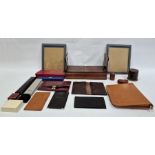Adjustable book trough, assorted photograph frames, wallets, empty jewellery cases, etc