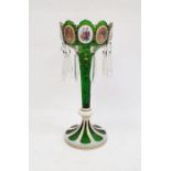 Bohemian overlay glass lustre with green trumpet-shaped bowl and scalloped top, bearing