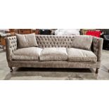 20th century beech-framed buttoned down sofa in pale grey upholstery  Condition ReportSofa in