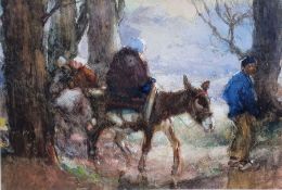 Attributed to Margaret Theyre (1897-1977)  Watercolour Figure on donkey in woodland, signed lower