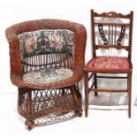 Norfolk carver chair with elm bowed seat, a Wicker conservatory chair  and one further chair (3)