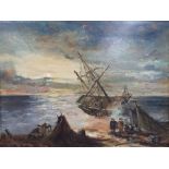 Unattributed (19th century) Oil on board Beached sailing vessel with figures beside camp fire in the