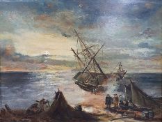 Unattributed (19th century) Oil on board Beached sailing vessel with figures beside camp fire in the