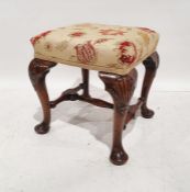 Late Georgian stool, the square top on cabriole legs with shell carving to the knees, turned and