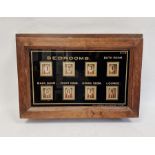 Servants' bell in mahogany case, glass eglomise decoration marked 'Bedrooms', 'Back Door', 'Front