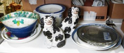 Pair of black and white Staffordshire spaniels and various chinaware