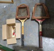 Vintage wooden-framed Spalding tennis racket and stretcher, a vintage wooden-framed Dunlop tennis