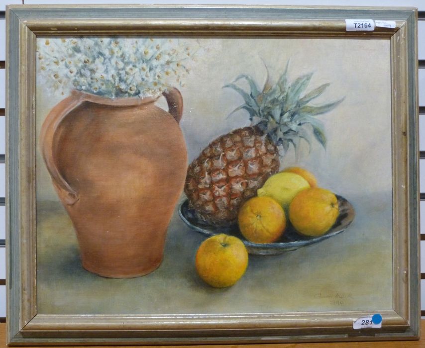 Gavin Mack(?) (20th century) Still life study of fruit, vase and bowl, signed and dated 1990 lower