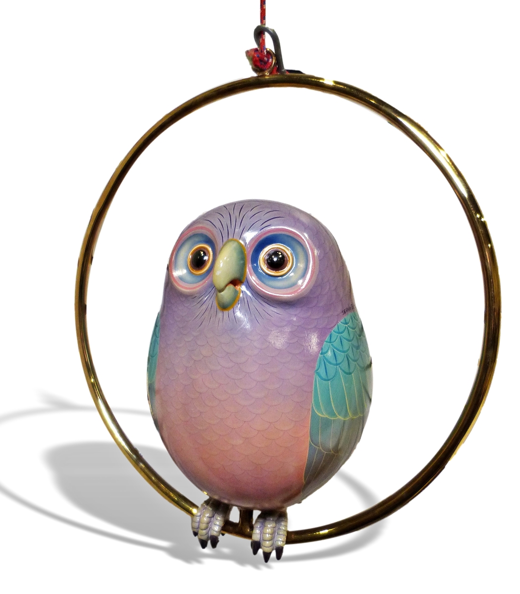 Sergio Bustamante limited edition lacquered owl model perched on brass ring