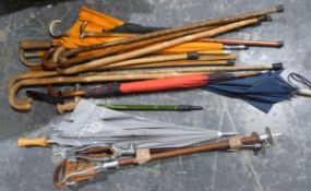 Collection of walking sticks and umbrellas