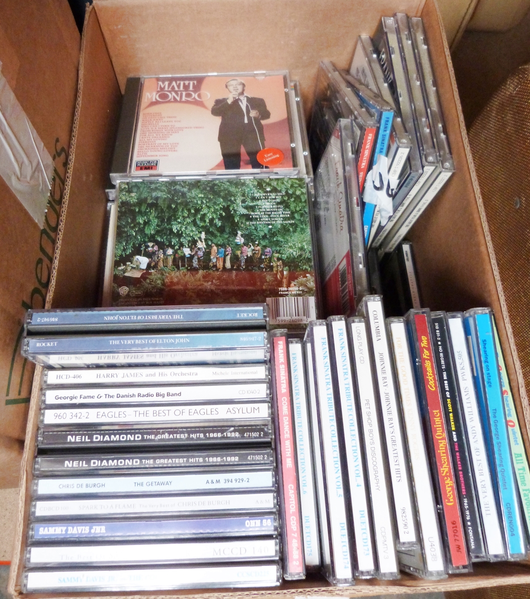 Large quantity of CDs to include Frank Sinatra, Matt Monro, Pet Shop Boys, etc (2 boxes).