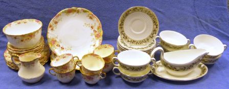 Wedgwood 'Louisana' twin-handled soup bowls, gravy boat, side plates, Aynsley dinner plates, side