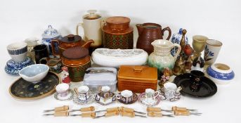 Three Hornsea 'Bronte' storage jars, a Rye pottery coffee pot, a Japanese terracotta Yixing-style