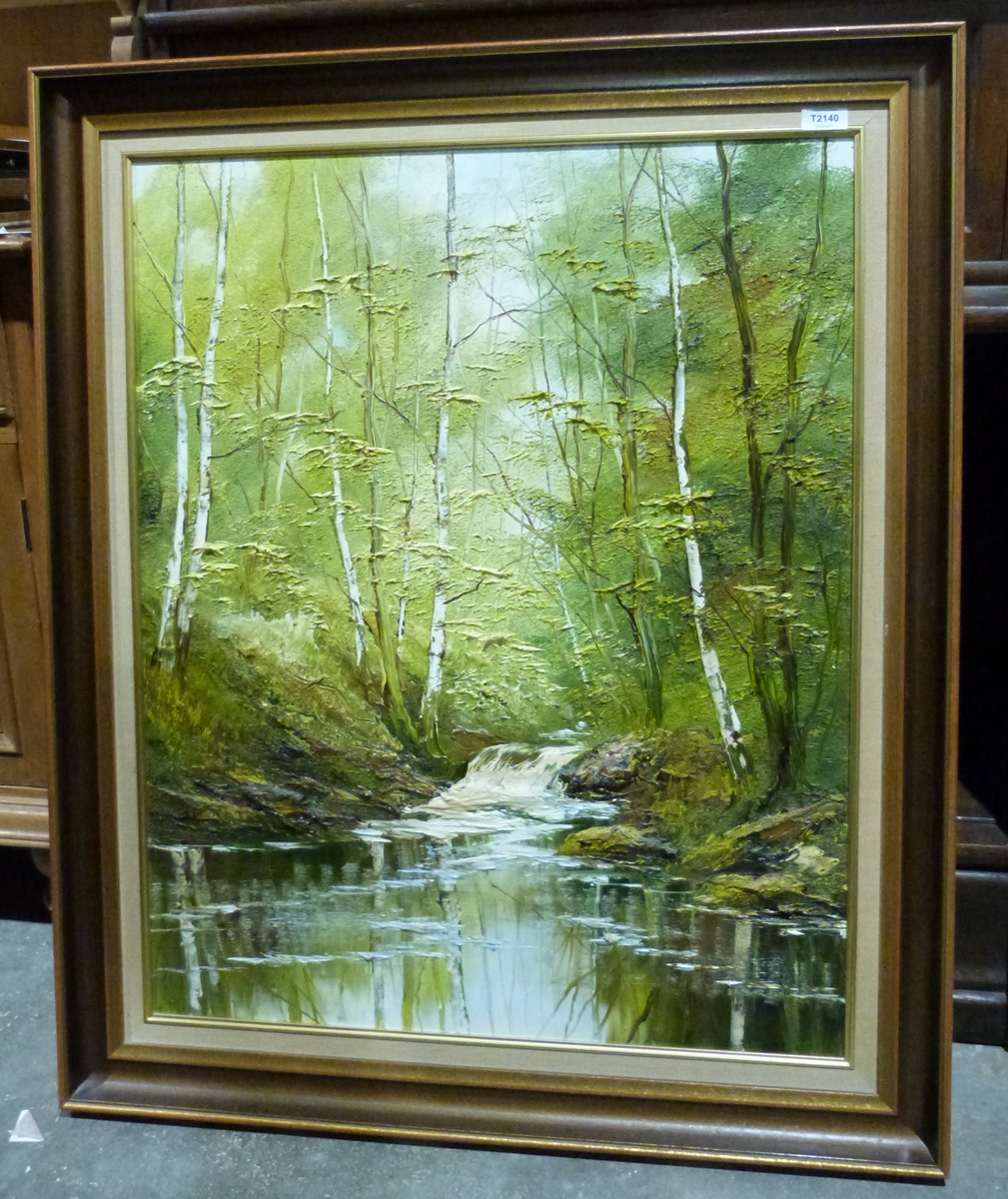 Evans Oil on canvas Woodland scene with stream, signed lower left - Image 4 of 4