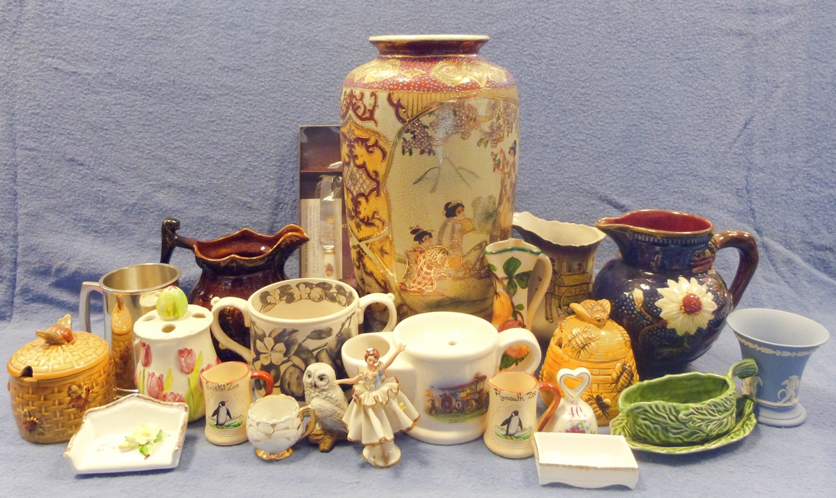 Large modern Satsuma-style vase, a Sylvac creamware pottery vase, a Denby pottery vase and