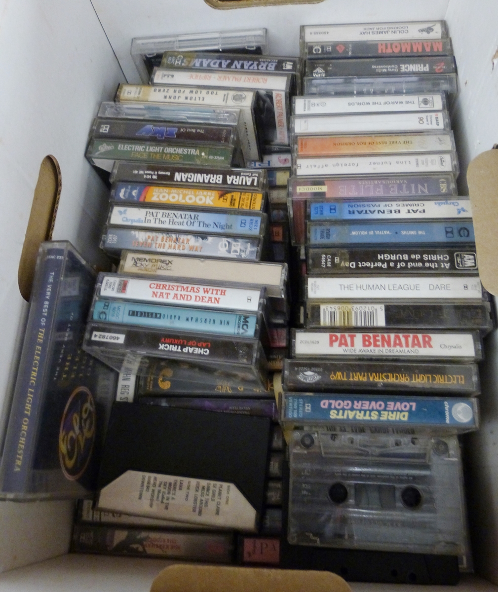 Box of cassette tapes to include The Human League, Pat Benetar, Dire Straits, Robert Palmer, Prince,