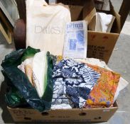 Box of assorted linen, textiles and knitting patterns