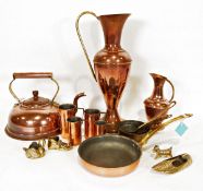 Copper kettle, two copper jugs and various copper and metalware (1 box)