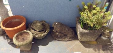Three composite stone planters and a composite stone model of a pig (4)