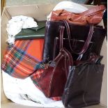 Two boxes of assorted linen and various leather handbags (2 boxes)