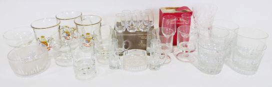 Set of six Spiegelau shot glasses in box, crested ware glass tankards and further assorted glassware