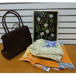 Three boxes of assorted linen and tablecloths and a leather faux-crocodile skin handbag by Osprey